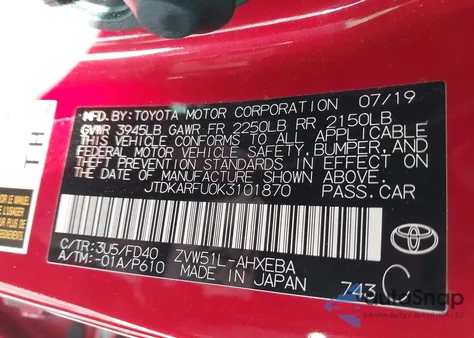 2019 Toyota Prius Le from USA, damaged, VIN JTDKARFU0K3101870